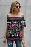 Black Floral Print Off Shoulder Short Sleeve Summer Blouses T-Shirt ZC253506-2