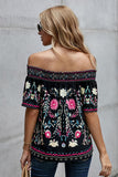 Black Floral Print Off Shoulder Short Sleeve Summer Blouses T-Shirt ZC253506-2