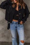 Black Women's Jean Jacket Frayed Trim Button Up Denim Jacket LC788101-2
