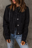 Black Women's Jean Jacket Frayed Trim Button Up Denim Jacket LC788101-2