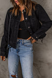 Black Women's Jean Jacket Frayed Trim Button Up Denim Jacket LC788101-2