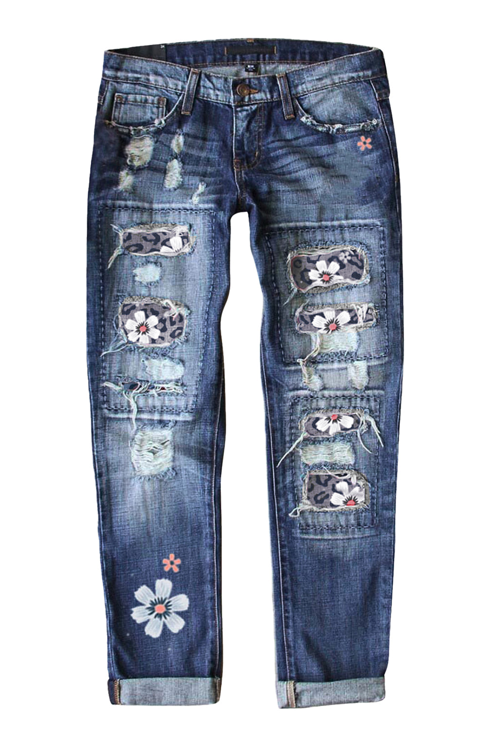 Gray Floral Leopard Ripped Boyfriend Distressed Denim Pants Jeans LC782289-11