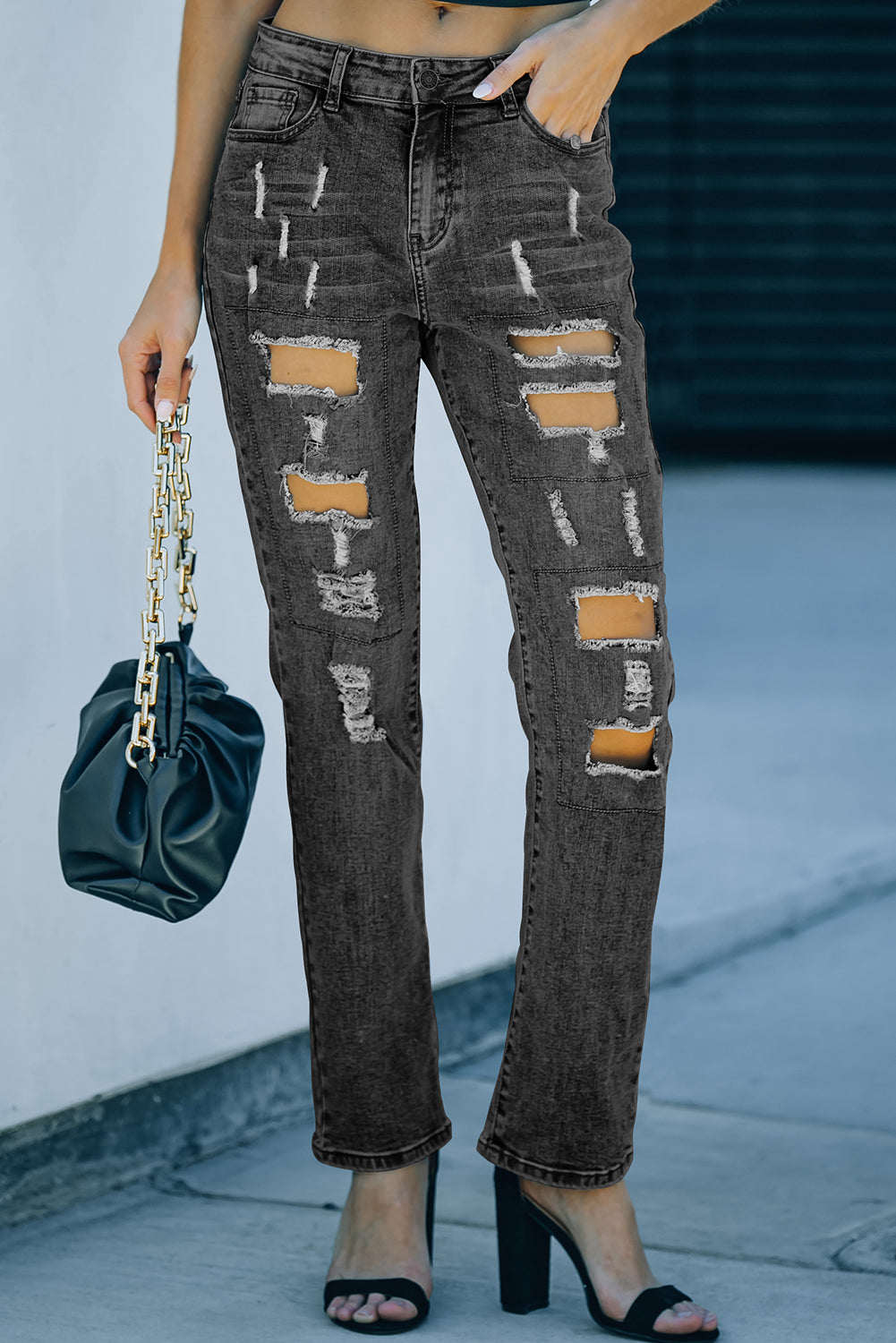 Black Women's Ripped Boyfriend Jeans Buttoned Pockets Distressed Jeans LC782725-2