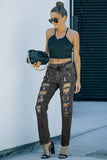 Black Women's Ripped Boyfriend Jeans Buttoned Pockets Distressed Jeans LC782725-2