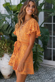 orange White Mini Dress Wrap V Neck Floral Lace Short Dress LC224799-7