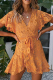 orange White Mini Dress Wrap V Neck Floral Lace Short Dress LC224799-7