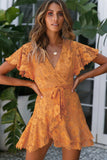 orange White Mini Dress Wrap V Neck Floral Lace Short Dress LC224799-7