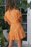 orange White Mini Dress Wrap V Neck Floral Lace Short Dress LC224799-7