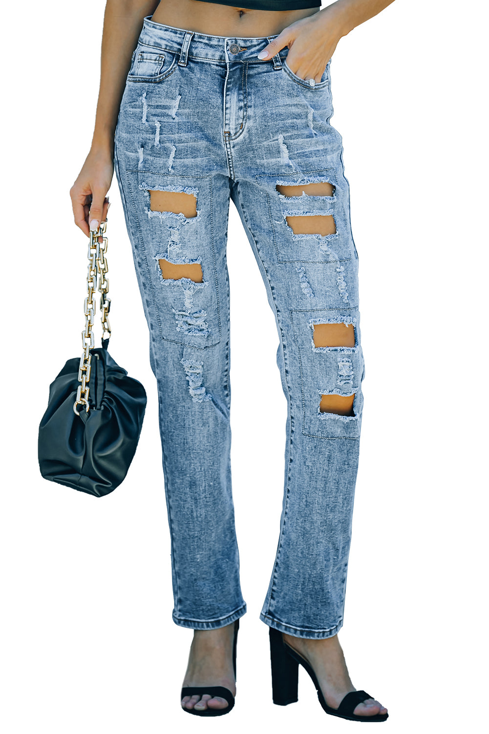 Blue Women's Ripped Boyfriend Jeans Buttoned Pockets Distressed Jeans LC782725-5