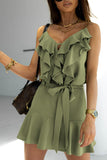 Green Women's V Neck Ruffle Bow Knot Sleeveless Mini Dress LC2211901-9
