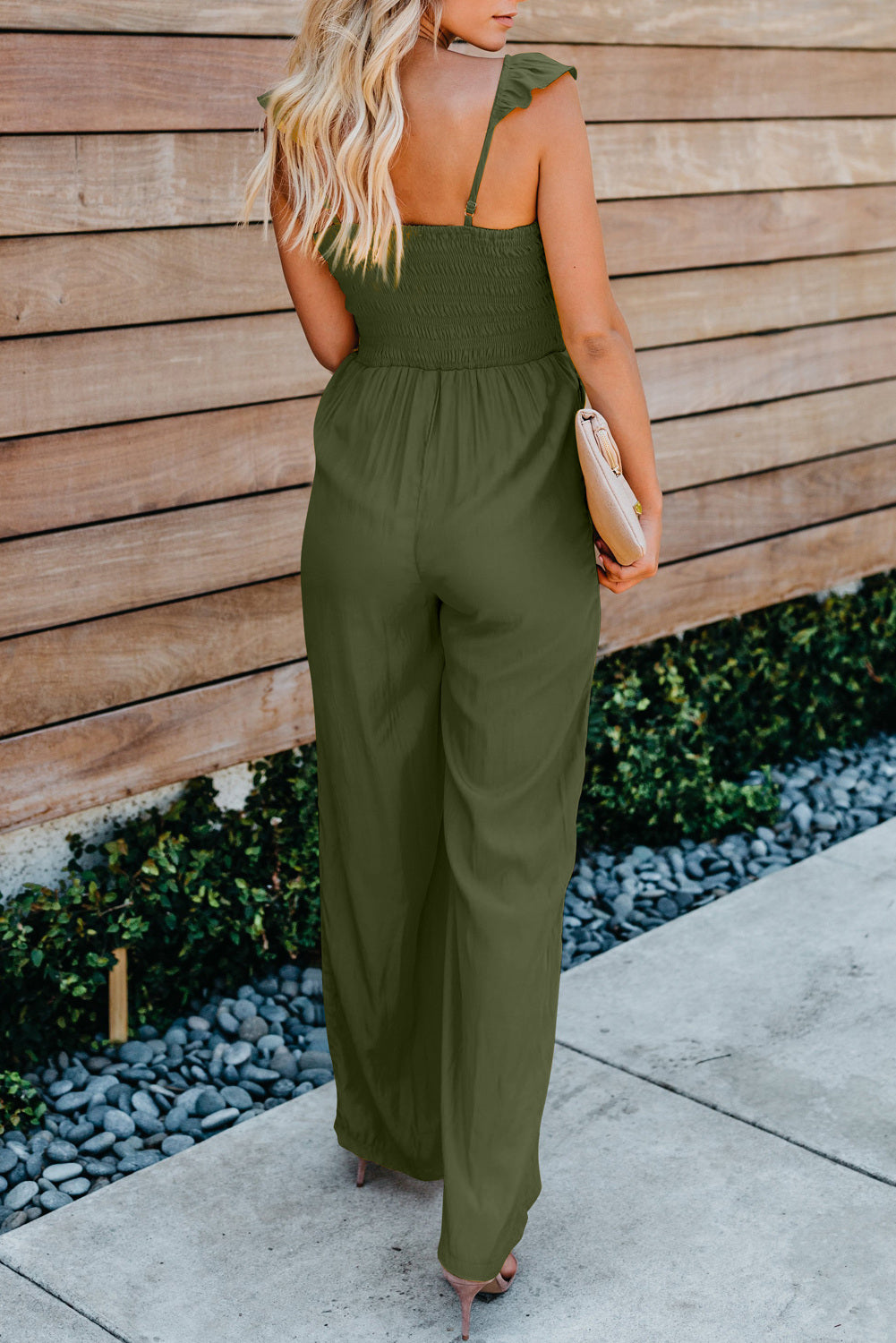 Green Ruffle Sleeve Smocked Bodice Wide Leg Jumpsuit for Women LC643773-9