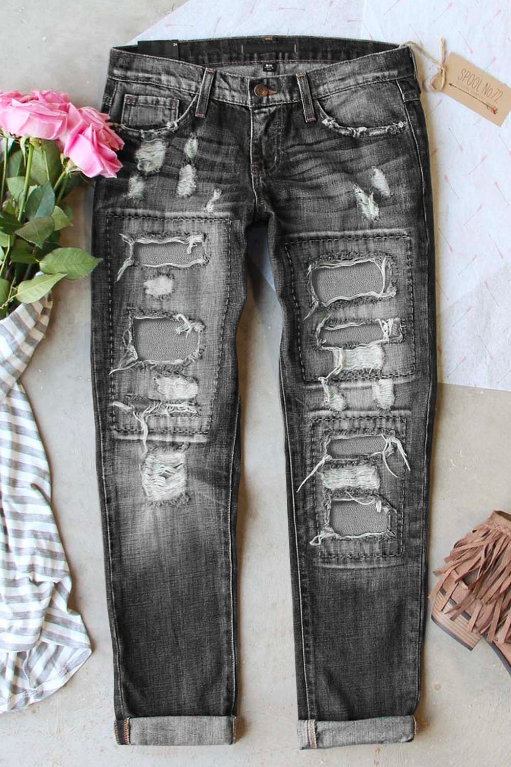 Gray Women's Ripped Boyfriend Jeans Buttoned Pockets Distressed Jeans LC782725-11