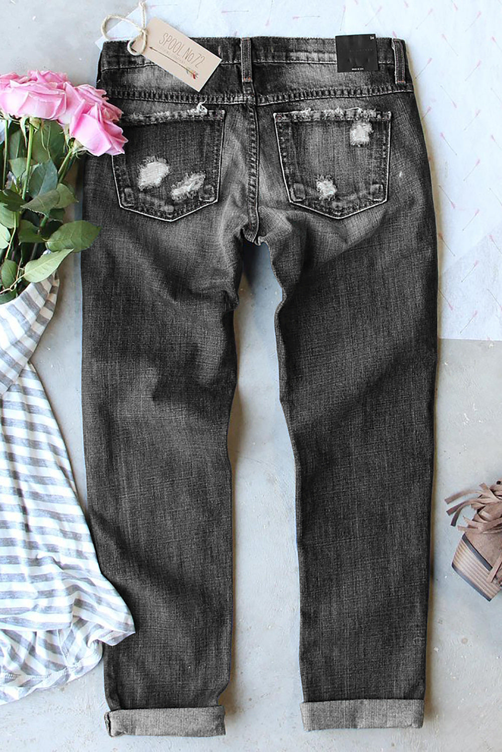 Gray Women's Ripped Boyfriend Jeans Buttoned Pockets Distressed Jeans LC782725-11