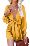 LC643624-7-S, LC643624-7-M, LC643624-7-L, LC643624-7-XL, LC643624-7-2XL, Yellow Women's Sexy V Neck Jumpsuits Chiffon Tie Knot Front Puff Long Sleeve Romper