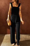 Black Ruffle Sleeve Smocked Bodice Wide Leg Jumpsuit for Women LC643773-2