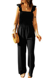 Black Ruffle Sleeve Smocked Bodice Wide Leg Jumpsuit for Women LC643773-2