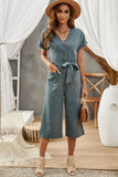 LC643609-5-S, LC643609-5-M, LC643609-5-L, LC643609-5-XL, LC643609-5-2XL, Blue Women's Casual Long Pants Romper V Neck Pocketed Jumpsuit