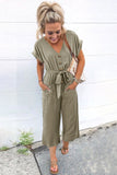 LC643609-9-S, LC643609-9-M, LC643609-9-L, LC643609-9-XL, LC643609-9-2XL, Green Women's Casual Long Pants Romper V Neck Pocketed Jumpsuit