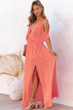 LC619680-14-S, LC619680-14-M, LC619680-14-L, LC619680-14-XL, Orange Women's Cold Shoulder Backless Deep V Neck Maxi Dress with Side Slit