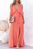 LC619680-14-S, LC619680-14-M, LC619680-14-L, LC619680-14-XL, Orange Women's Cold Shoulder Backless Deep V Neck Maxi Dress with Side Slit