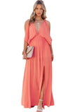 LC619680-14-S, LC619680-14-M, LC619680-14-L, LC619680-14-XL, Orange Women's Cold Shoulder Backless Deep V Neck Maxi Dress with Side Slit