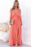 LC619680-14-S, LC619680-14-M, LC619680-14-L, LC619680-14-XL, Orange Women's Cold Shoulder Backless Deep V Neck Maxi Dress with Side Slit