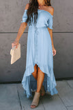 Sky Blue White Off the Shoulder Dress High Low Maxi Dress  LC611566-4