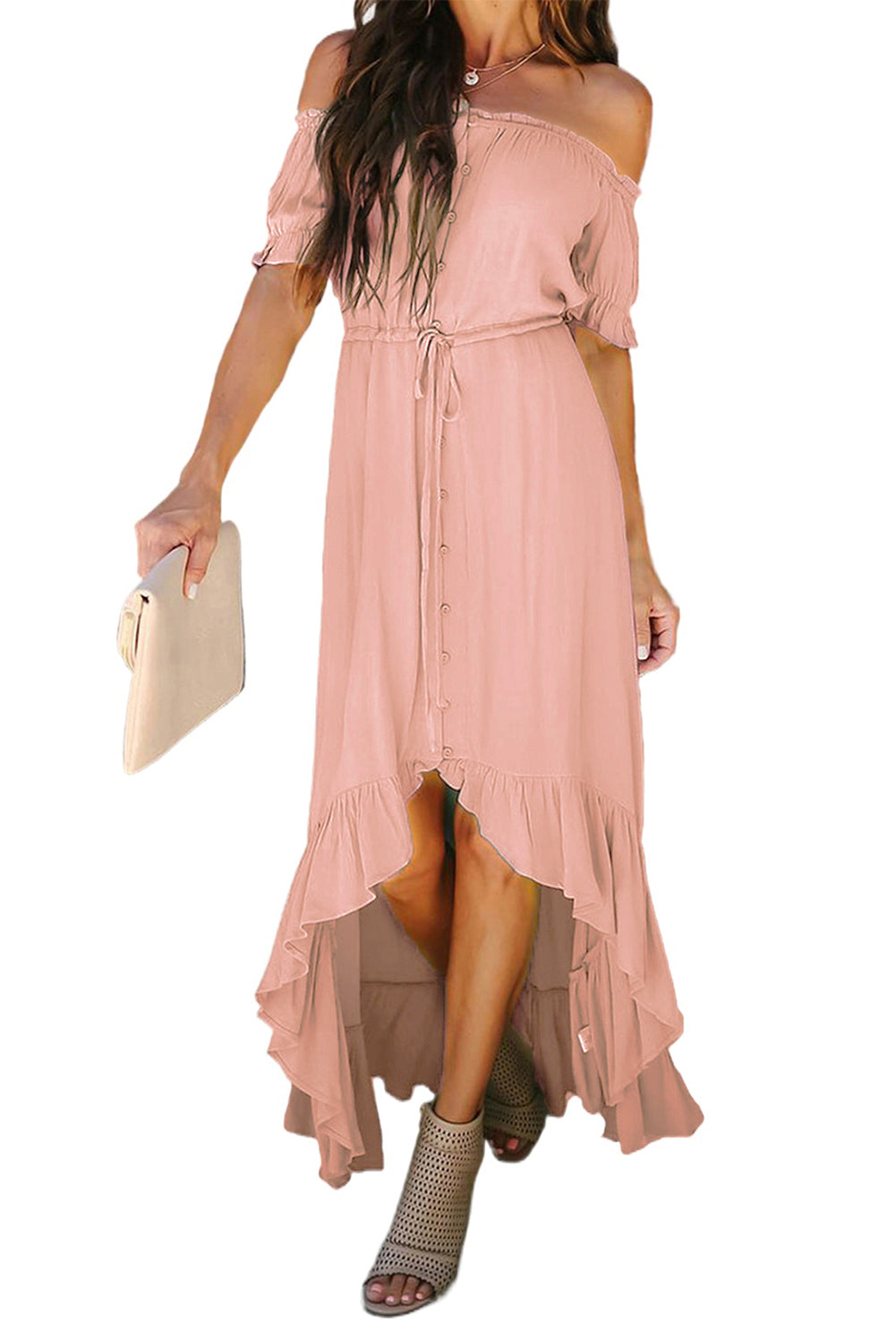 Pink White Off the Shoulder Dress High Low Maxi Dress  LC611566-10