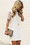 White White Formal Dresses Lace Crochet Short Sleeve Mini Dress LC2212001-1