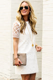 White White Formal Dresses Lace Crochet Short Sleeve Mini Dress LC2212001-1