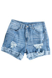 Sky Blue Distressed Denim Short for Women Ripped Rolled Hem Blue Denim Jean Shorts LC77173-4