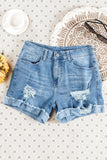 Sky Blue Distressed Denim Short for Women Ripped Rolled Hem Blue Denim Jean Shorts LC77173-4