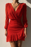Red Ruched Sexy Dress Flounce V Neck Bodycon Mini Dress LC2211387-3