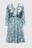 LC221873-9-S, LC221873-9-M, LC221873-9-L, LC221873-9-XL, Green Bohemian 3/4 Sleeve V Neck Vintage Mini Dress for Women