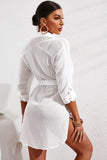 LC42994-1-S, LC42994-1-M, LC42994-1-L, LC42994-1-XL, White Casual Long Sleeve Striped Shirt Dress Beach Swimsuit Cover Ups with Belt