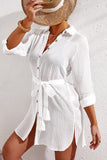LC42994-1-S, LC42994-1-M, LC42994-1-L, LC42994-1-XL, White Casual Long Sleeve Striped Shirt Dress Beach Swimsuit Cover Ups with Belt