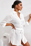 LC42994-1-S, LC42994-1-M, LC42994-1-L, LC42994-1-XL, White Casual Long Sleeve Striped Shirt Dress Beach Swimsuit Cover Ups with Belt