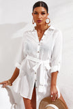 LC42994-1-S, LC42994-1-M, LC42994-1-L, LC42994-1-XL, White Casual Long Sleeve Striped Shirt Dress Beach Swimsuit Cover Ups with Belt