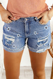 Sky Blue Cut Out Mid Waist Denim Shorts Floral Print Ripped Denim Short LC731011-4