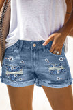 Sky Blue Cut Out Mid Waist Denim Shorts Floral Print Ripped Denim Short LC731011-4