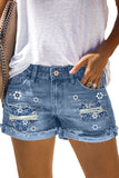 Sky Blue Cut Out Mid Waist Denim Shorts Floral Print Ripped Denim Short LC731011-4