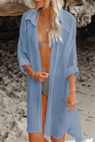 LC42994-4-S, LC42994-4-M, LC42994-4-L, LC42994-4-XL, Sky Blue Casual Long Sleeve Striped Shirt Dress Beach Swimsuit Cover Ups with Belt
