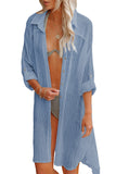 LC42994-4-S, LC42994-4-M, LC42994-4-L, LC42994-4-XL, Sky Blue Casual Long Sleeve Striped Shirt Dress Beach Swimsuit Cover Ups with Belt