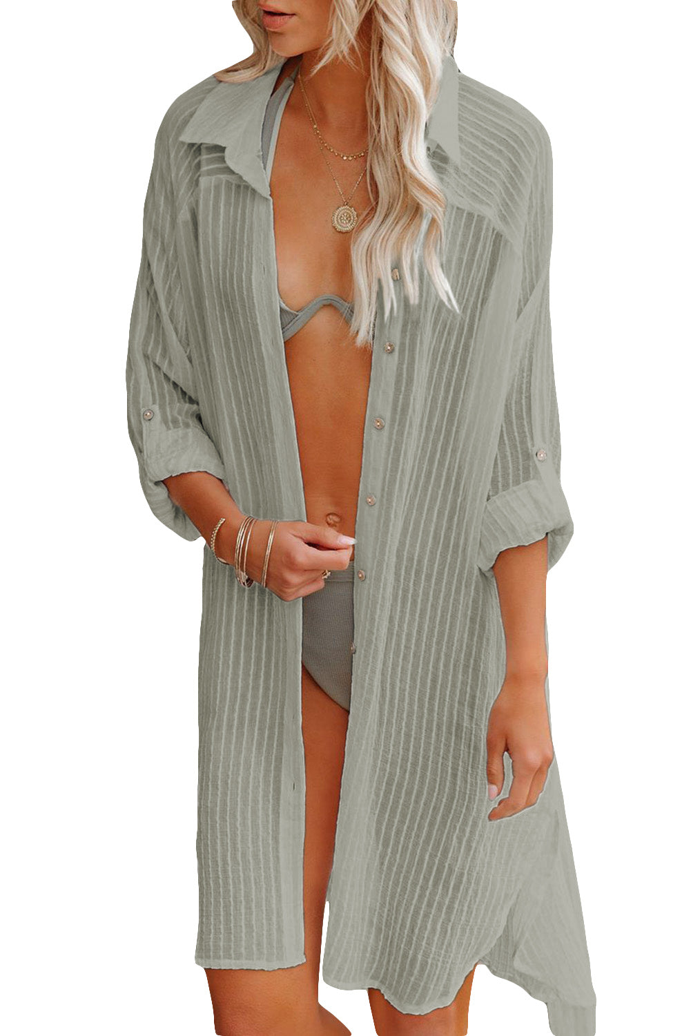 LC42994-9-S, LC42994-9-M, LC42994-9-L, LC42994-9-XL, Green Casual Long Sleeve Striped Shirt Dress Beach Swimsuit Cover Ups with Belt