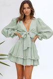Green Womens Deep V Neck Lantern Sleeve Knotted Tiered Mini White Dress LC227391-9