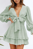 Green Womens Deep V Neck Lantern Sleeve Knotted Tiered Mini White Dress LC227391-9