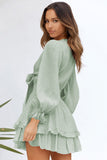 Green Womens Deep V Neck Lantern Sleeve Knotted Tiered Mini White Dress LC227391-9