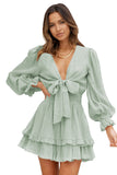 Green Womens Deep V Neck Lantern Sleeve Knotted Tiered Mini White Dress LC227391-9