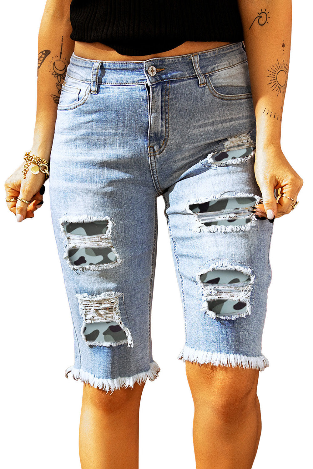 Green Mid Rise Ripped Destroyed Patches Bermuda Shorts Jeans LC781578-9