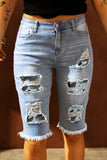 Green Mid Rise Ripped Destroyed Patches Bermuda Shorts Jeans LC781578-9